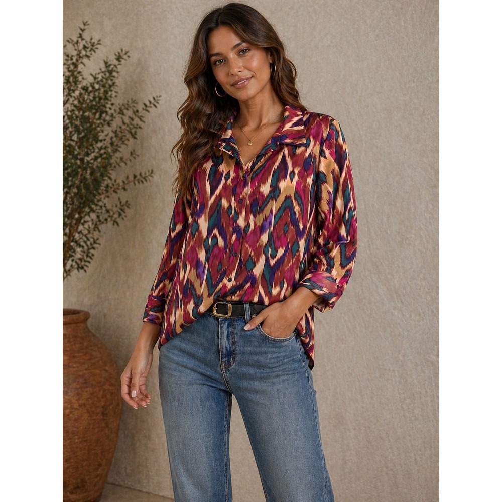 Nicole Miller Woman  Blouse 2X Ikat Print Button Down  Long Sleeve Top